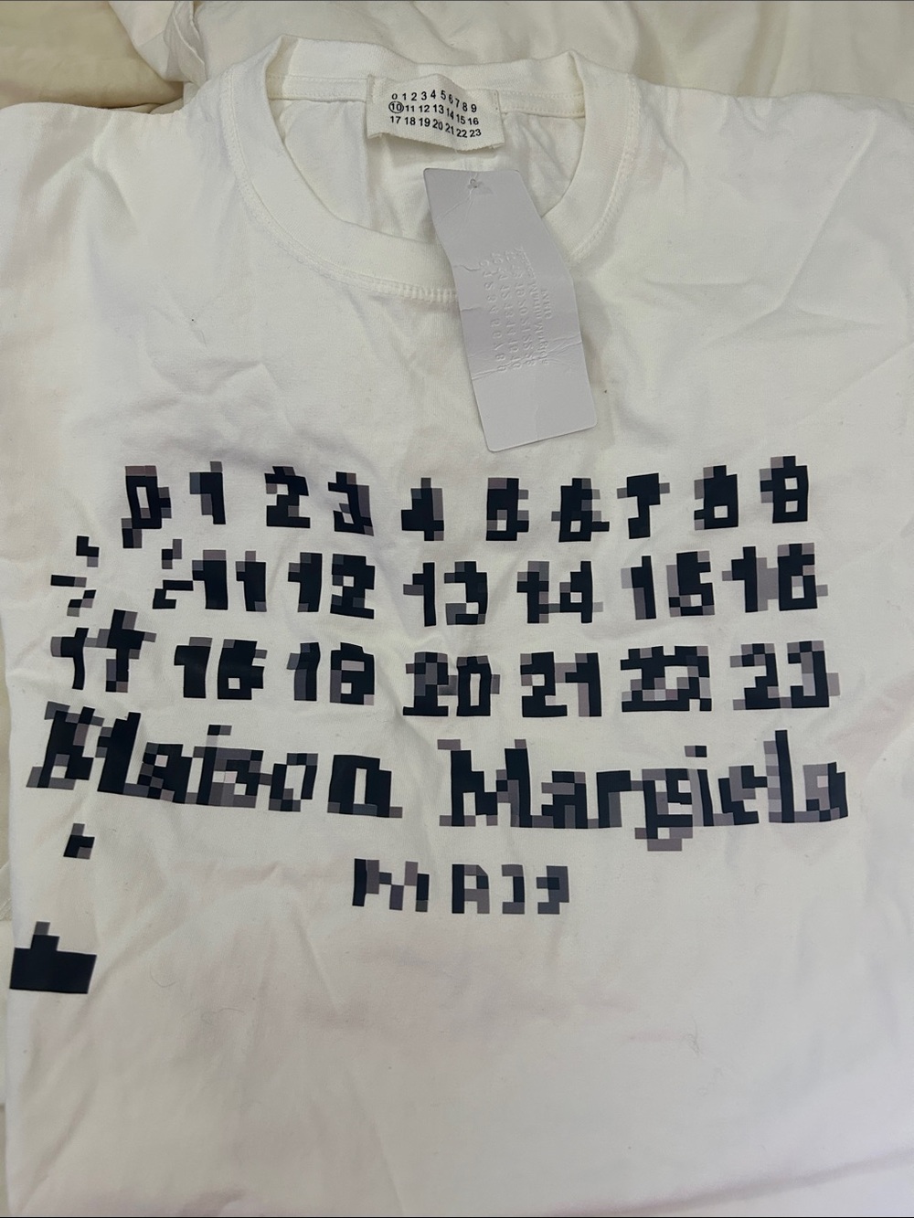 Maison Martin Margiela White Tee with Black Pixelated Number Graphic